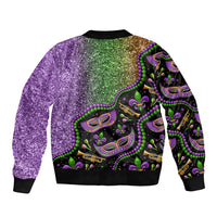 Unisex bomber jacket with purple glitter and green accents, Mardi Gras mask print, ribbed hem