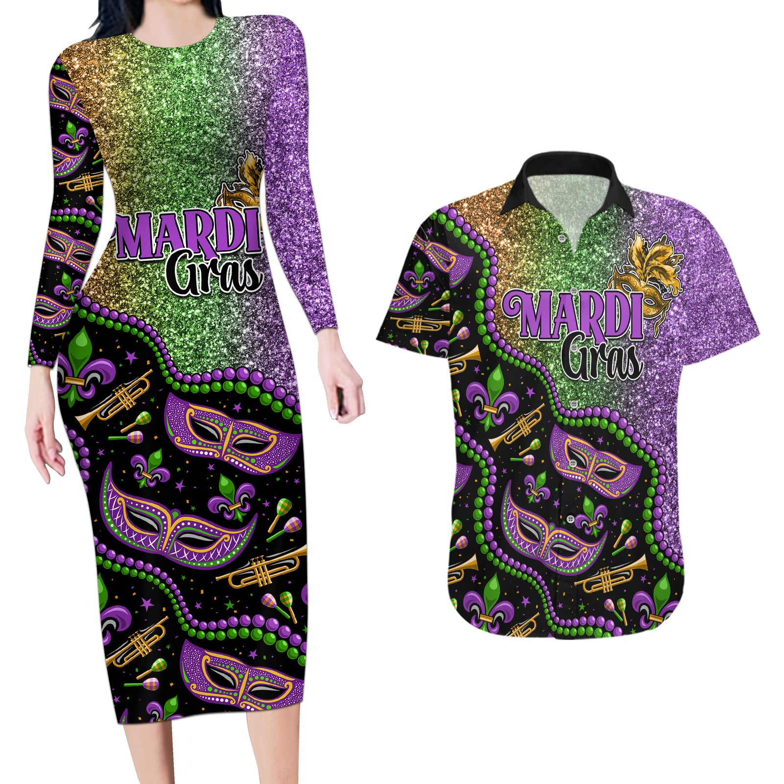 Mardi Gras Couples Matching Long Sleeve Bodycon Dress and Hawaiian Shirt Colorful Style - Wonder Print Shop