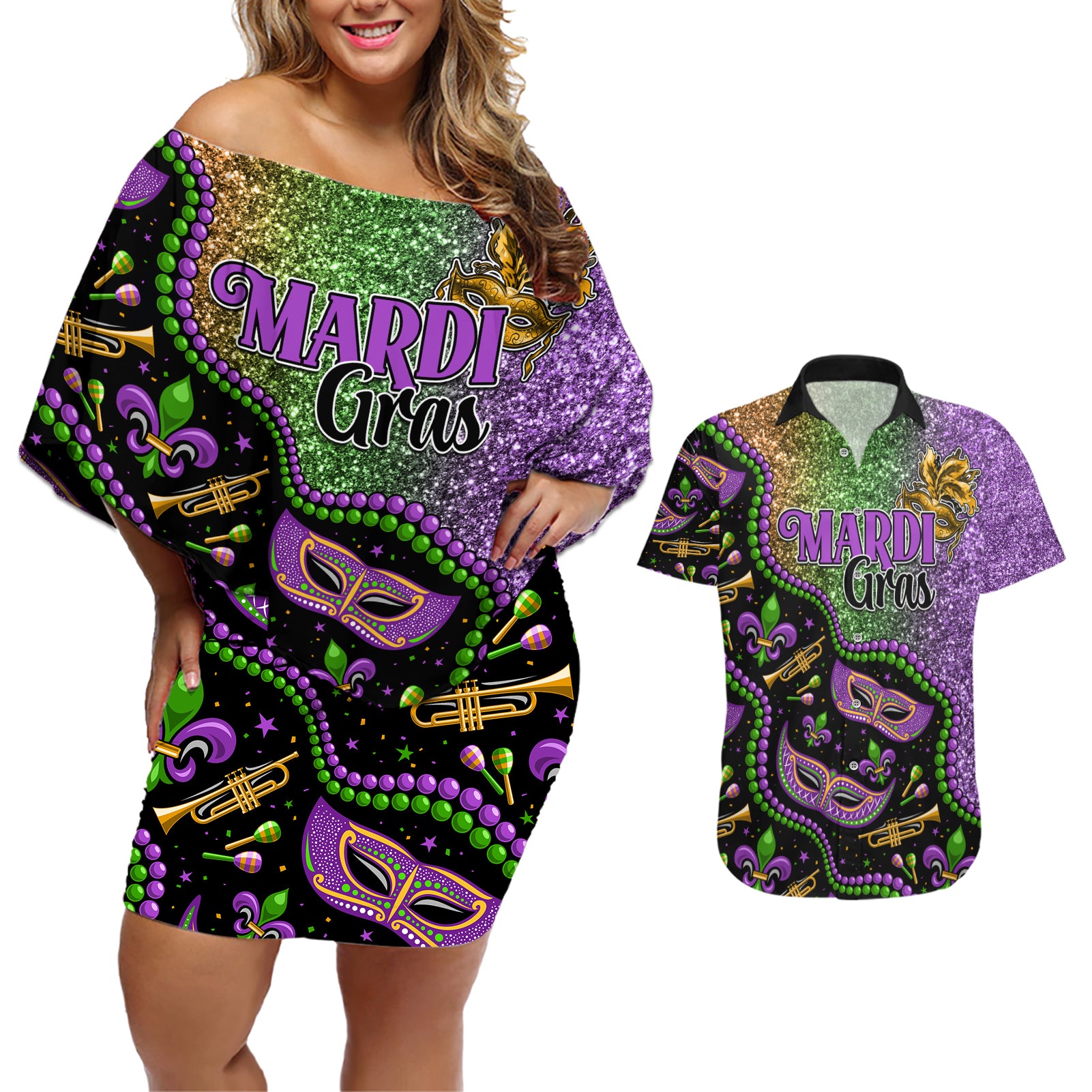 Mardi Gras Couples Matching Off Shoulder Short Dress and Hawaiian Shirt Colorful Style - Wonder Print Shop