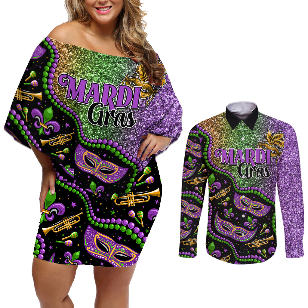 Mardi Gras Couples Matching Off Shoulder Short Dress and Long Sleeve Button Shirt Colorful Style - Wonder Print Shop