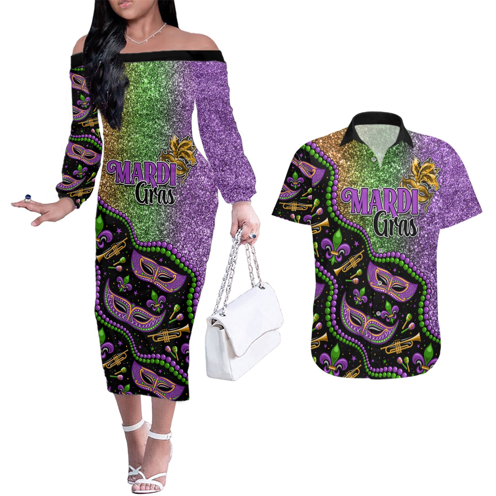 Mardi Gras Couples Matching Off The Shoulder Long Sleeve Dress and Hawaiian Shirt Colorful Style - Wonder Print Shop