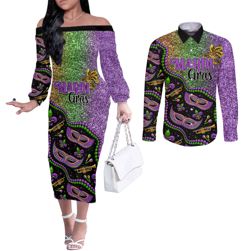 mardi-gras-couples-matching-off-the-shoulder-long-sleeve-dress-and-long-sleeve-button-shirt-bling-bling-sparkle-style