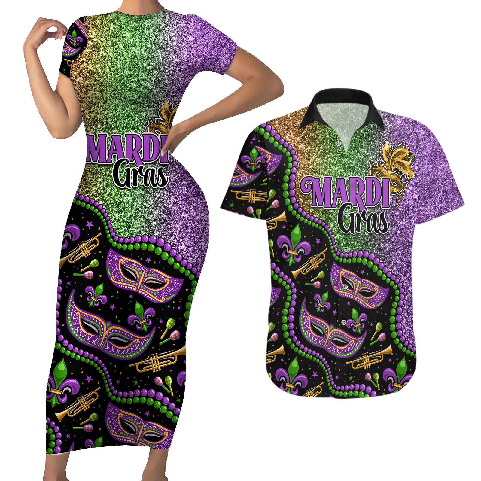 Mardi Gras Couples Matching Short Sleeve Bodycon Dress and Hawaiian Shirt Colorful Style - Wonder Print Shop