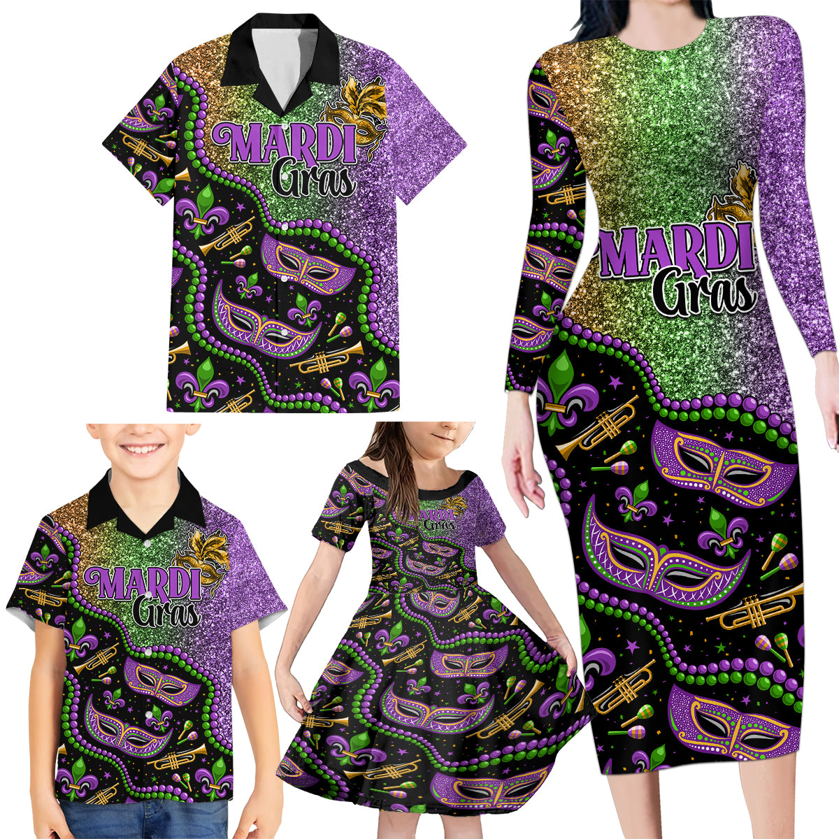 Mardi Gras Family Matching Long Sleeve Bodycon Dress and Hawaiian Shirt Colorful Style - Wonder Print Shop