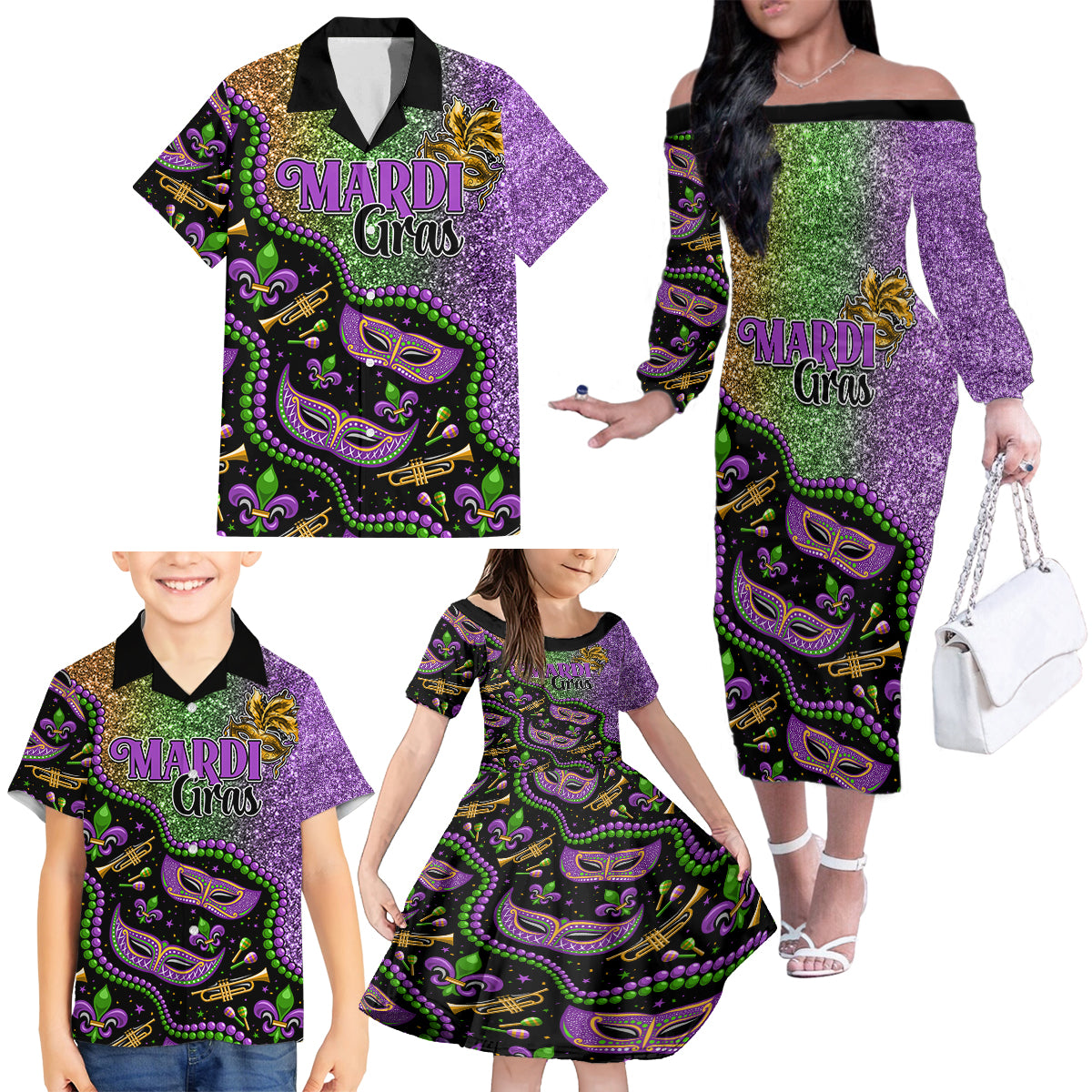 Mardi Gras Family Matching Off Shoulder Long Sleeve Dress and Hawaiian Shirt Colorful Style - Wonder Print Shop