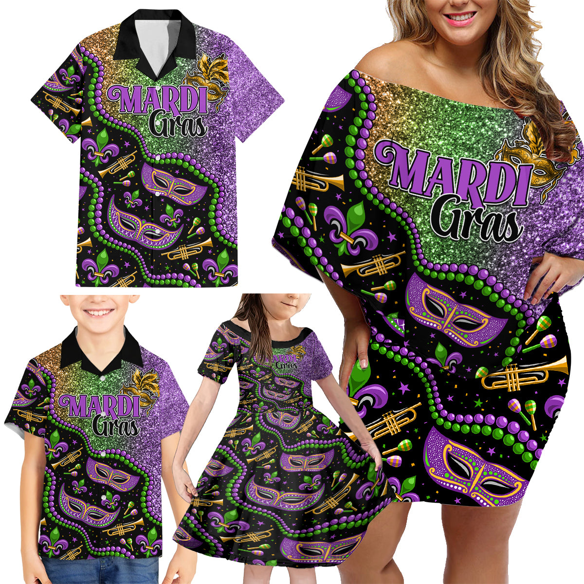 Mardi Gras Family Matching Off Shoulder Short Dress and Hawaiian Shirt Colorful Style - Wonder Print Shop