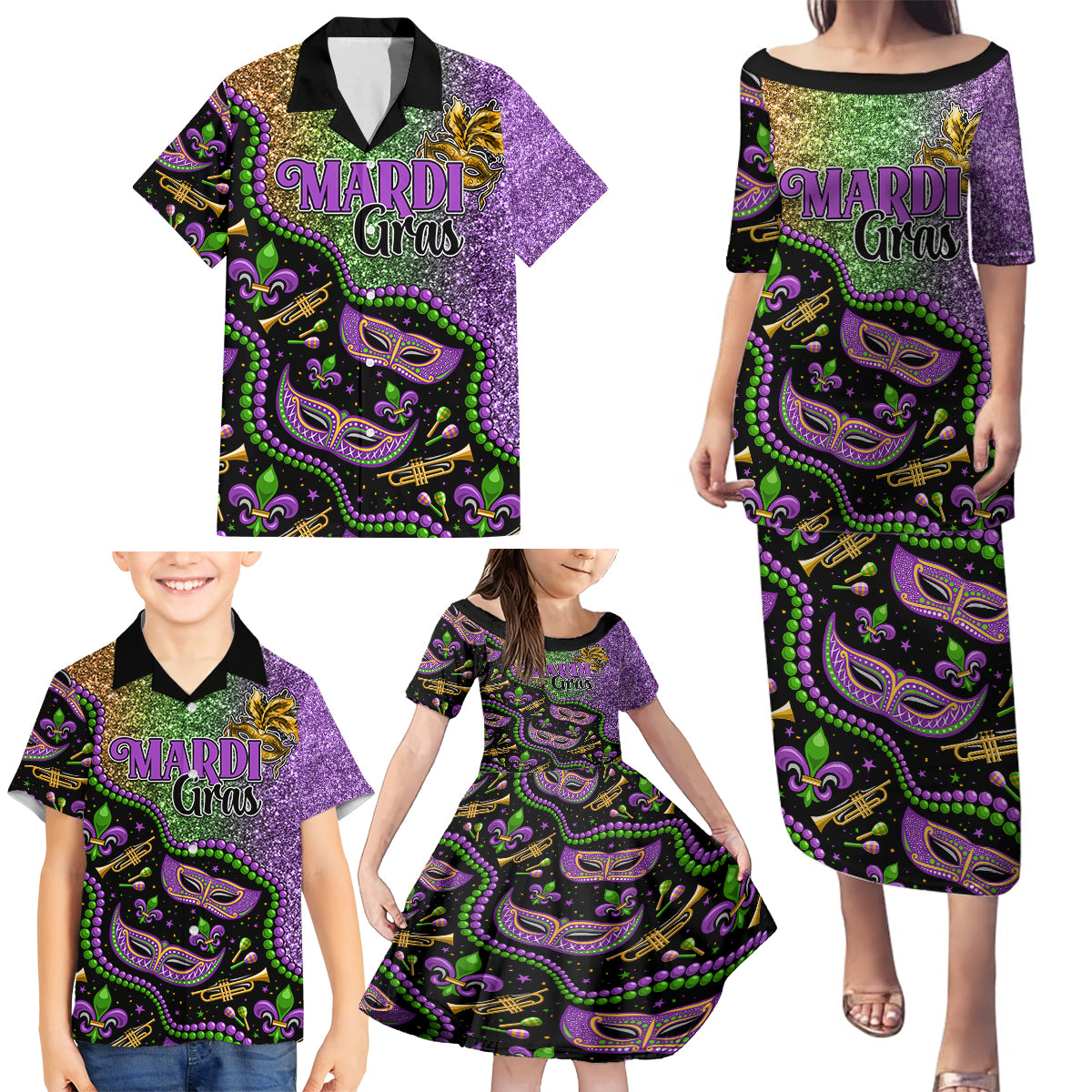 Mardi Gras Family Matching Puletasi Dress and Hawaiian Shirt Colorful Style - Wonder Print Shop