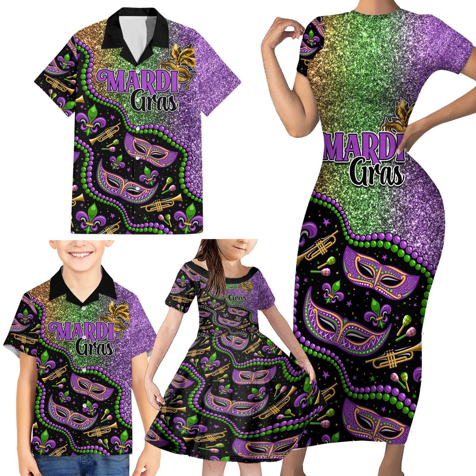 Mardi Gras Family Matching Short Sleeve Bodycon Dress and Hawaiian Shirt Colorful Style - Wonder Print Shop