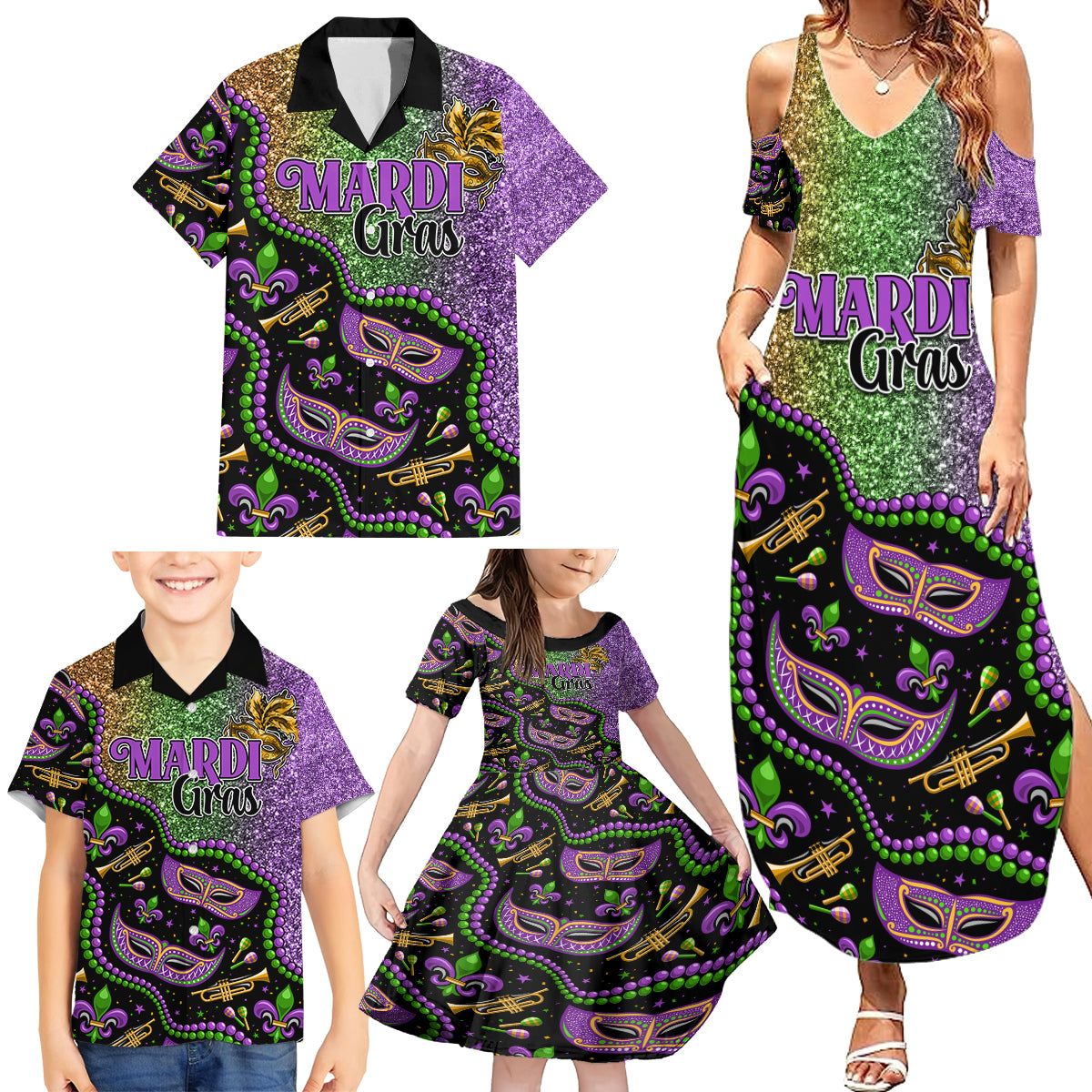 Mardi Gras Family Matching Summer Maxi Dress and Hawaiian Shirt Colorful Style - Wonder Print Shop