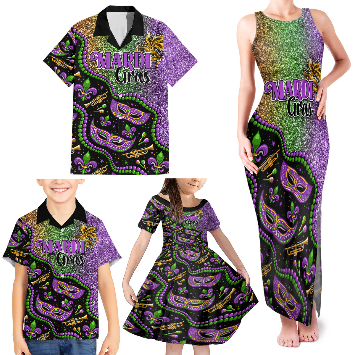 Mardi Gras Family Matching Tank Maxi Dress and Hawaiian Shirt Colorful Style - Wonder Print Shop