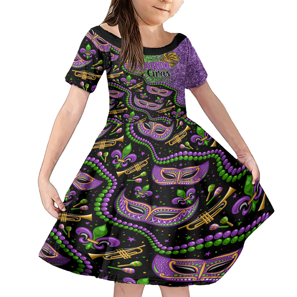 Mardi Gras Kid Short Sleeve Dress Colorful Style - Wonder Print Shop