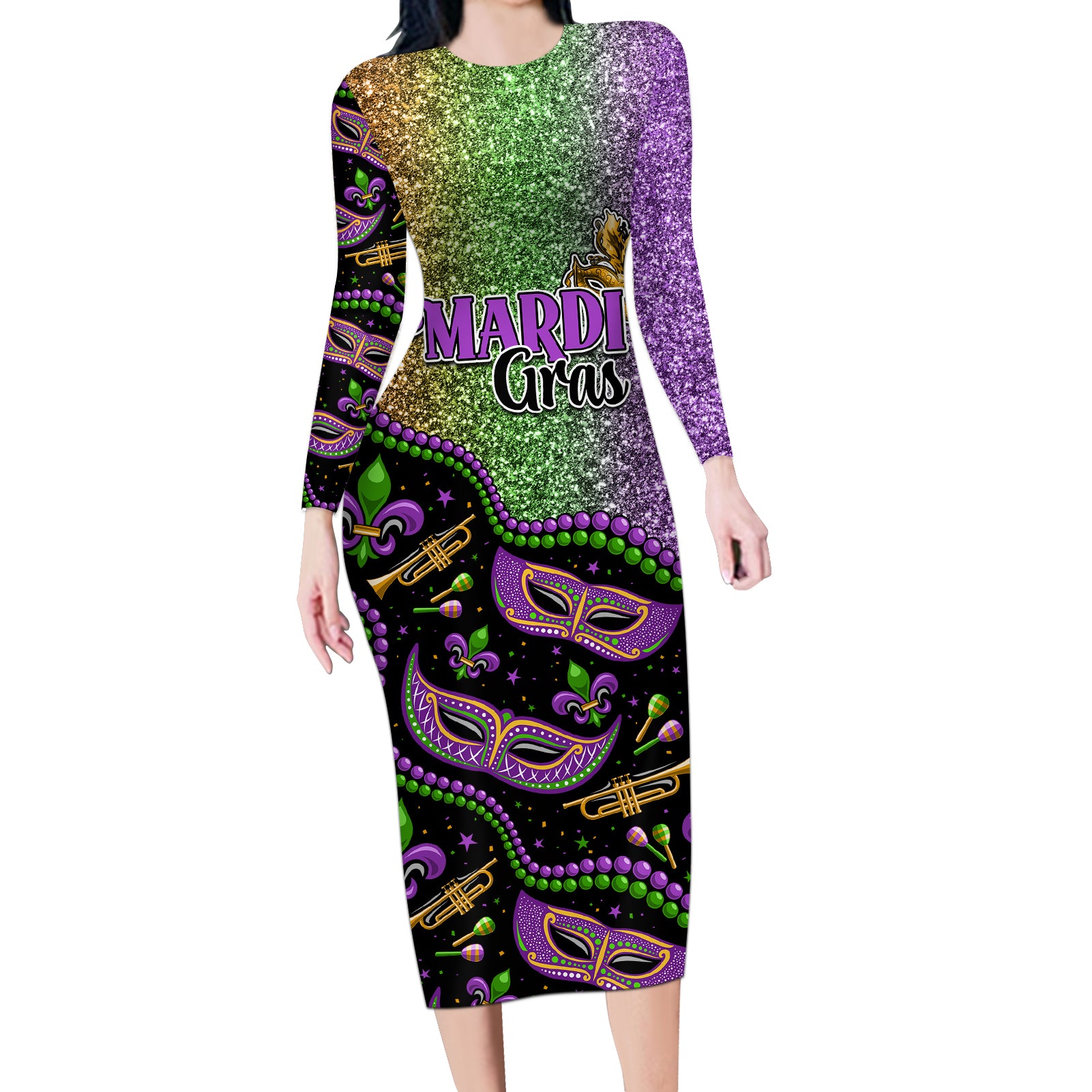 Mardi Gras Long Sleeve Bodycon Dress Colorful Style - Wonder Print Shop