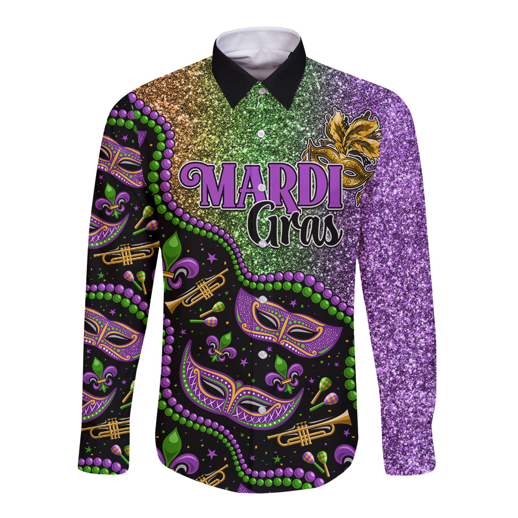 Long sleeve button shirt with colorful Mardi Gras print, purple and black, glitter texture