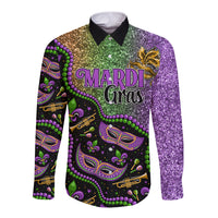 Long sleeve button shirt with colorful Mardi Gras print, purple and black, glitter texture