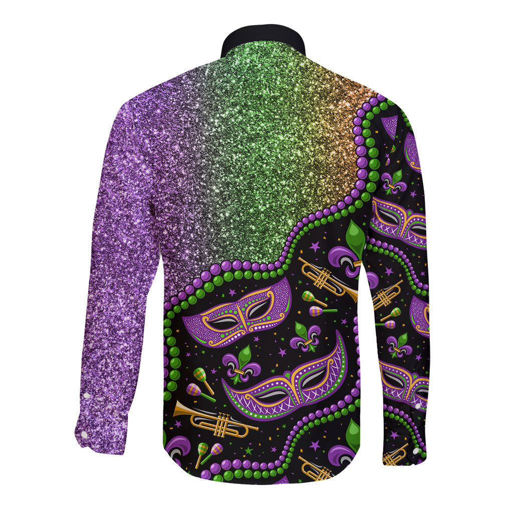 Long sleeve button shirt with back Mardi Gras print, purple glitter and green highlights