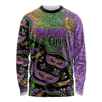 Unisex long-sleeve shirt with Mardi Gras graphic, green purple gold and black