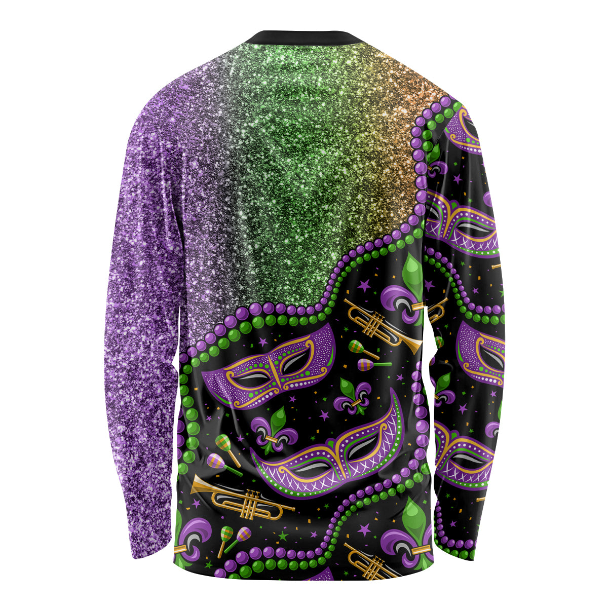 Unisex long-sleeve shirt with Mardi Gras mask and beads print, purple green gold