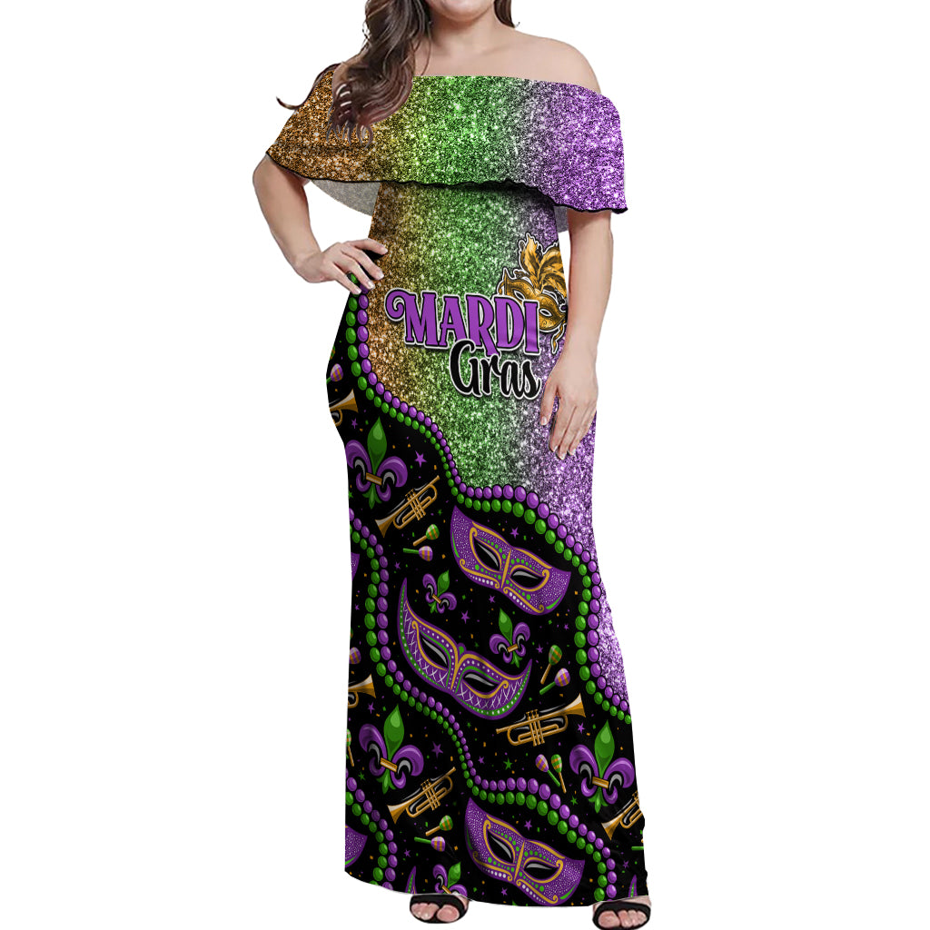 Mardi Gras Off Shoulder Maxi Dress Colorful Style - Wonder Print Shop