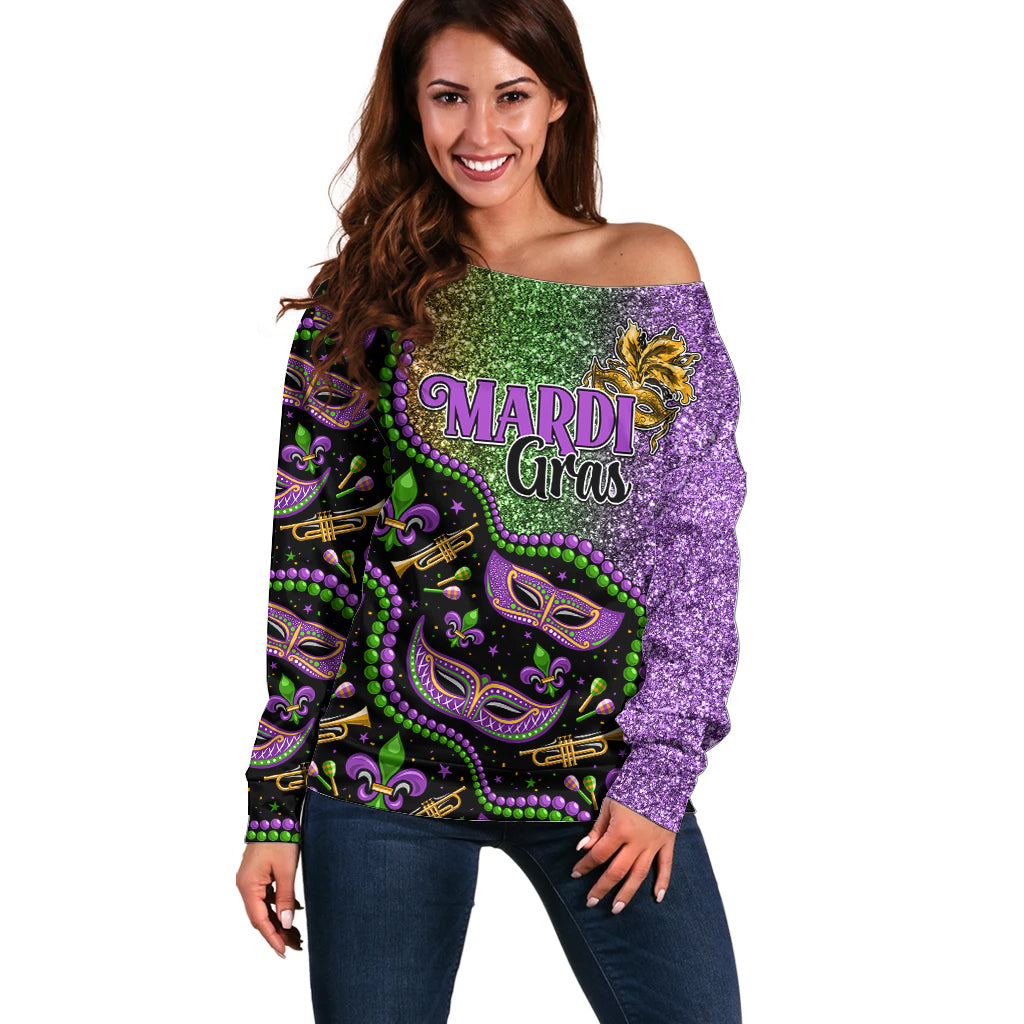 Mardi Gras Off Shoulder Sweater Colorful Style - Wonder Print Shop