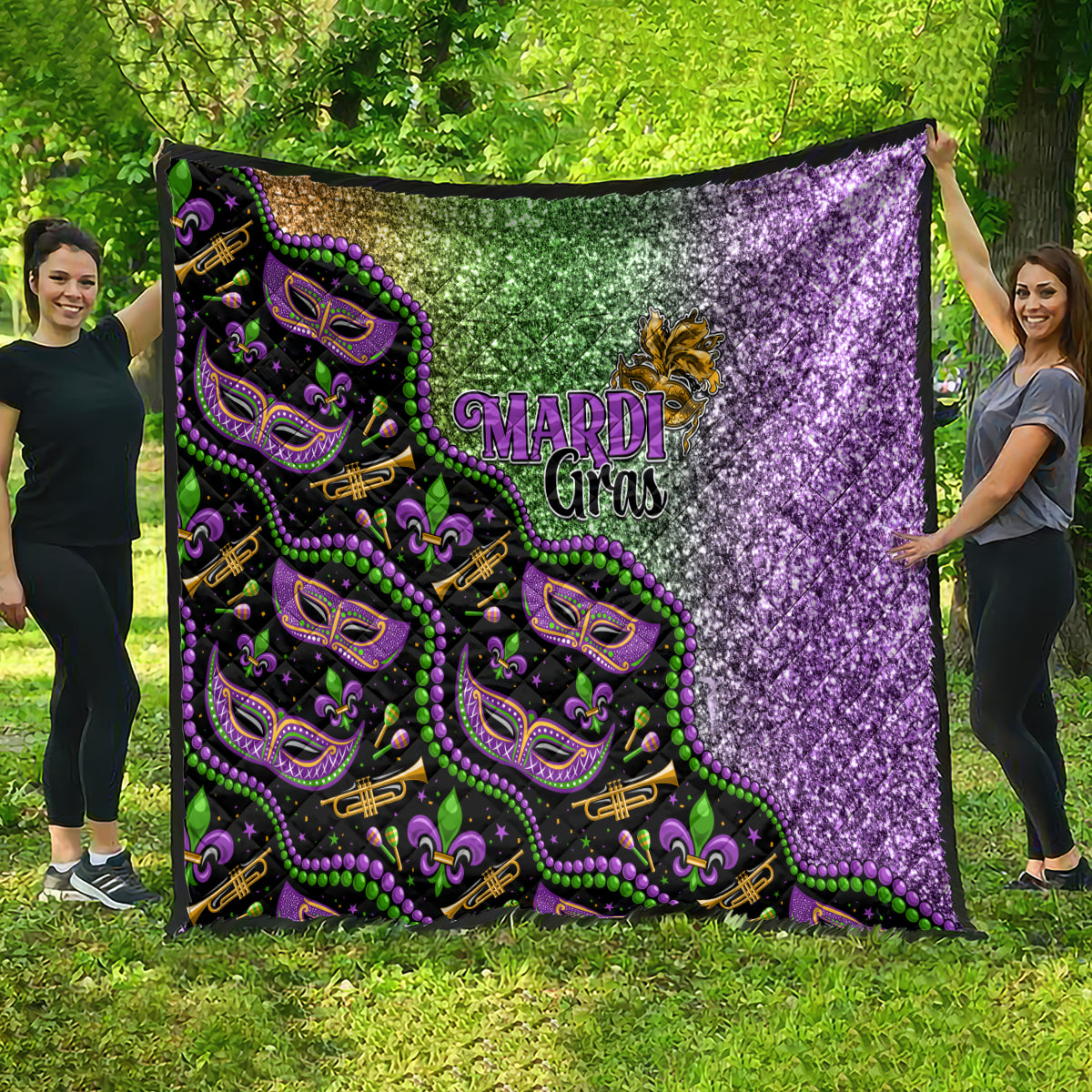 Black Mardi Gras throw quilt featuring green and purple glitter sections and mask faces