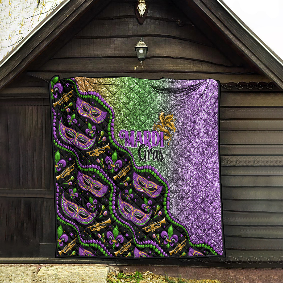 Black Mardi Gras quilt panel with green and purple glitter textures and mask graphics