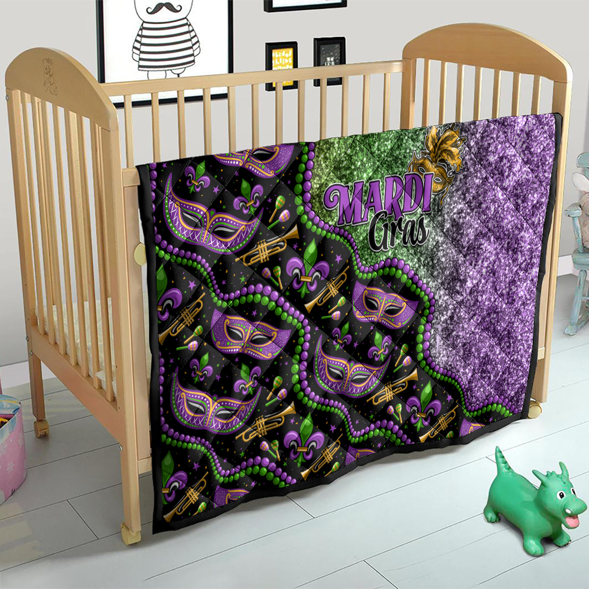 Black Mardi Gras quilt for kids with green and purple glitter sections and mask faces