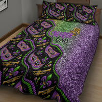 Mardi Gras quilt bed set with three decorative pillows, black mask pattern and purple glitter