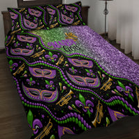 Mardi Gras quilt bed set with purple glitter side, black mask motifs and Mardi Gras lettering