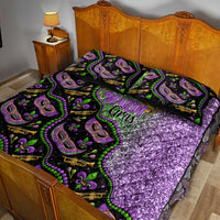 Mardi Gras quilt bed set with black mask prints, purple glitter bedding, and matching pillowcases