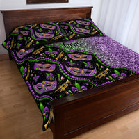 Mardi Gras quilt bed set with black mask pattern, purple glitter panel, and decorative pillowcases