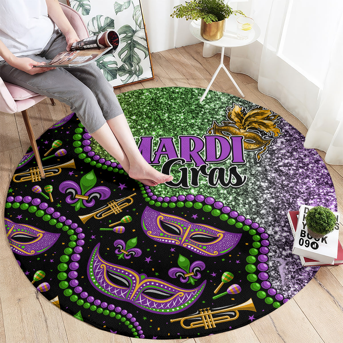 Round carpet with “MARDI Gras” graphic, purple and green patterns, on wooden floor.