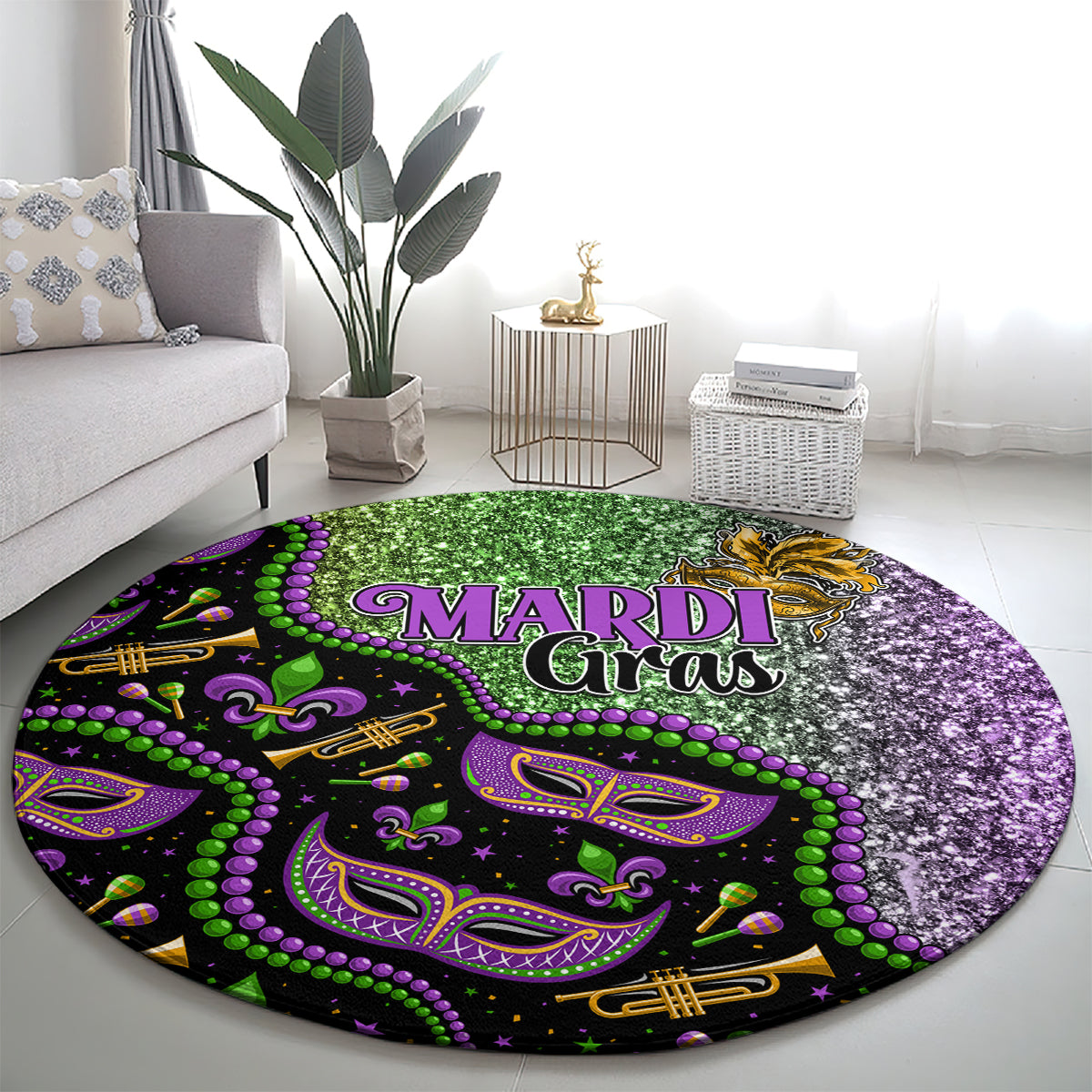 Round carpet with “MARDI Gras” design in purple, green, and black on the floor.