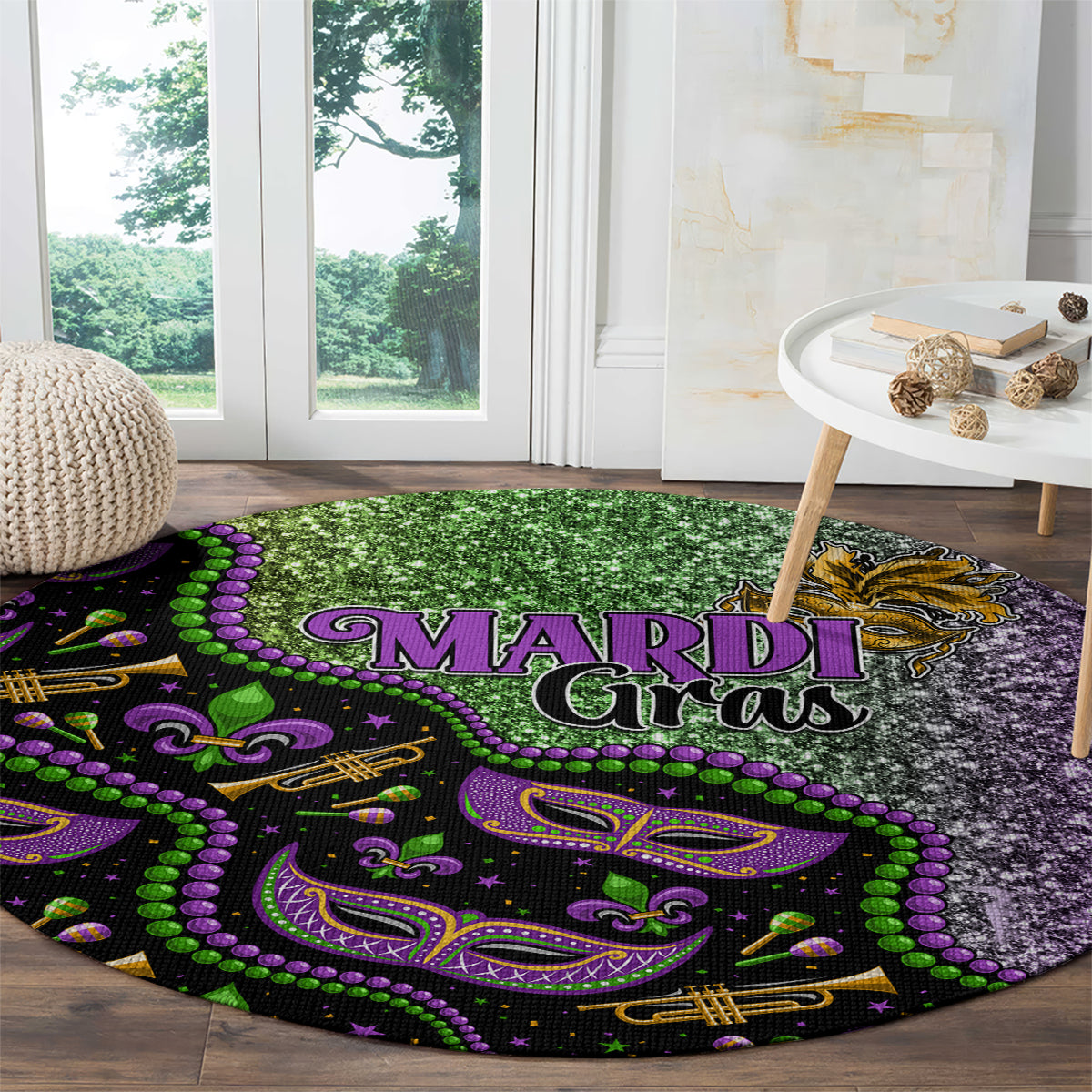 Round carpet with “MARDI Gras” print, purple and green motifs on dark base.