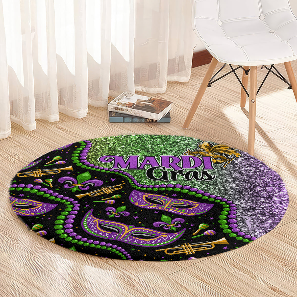 Round carpet with “MARDI Gras” lettering and purple-green decorative pattern on dark base.