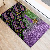 Mardi Gras rubber doormat featuring purple glitter, green glitter, and mask artwork