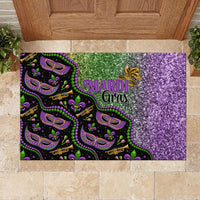 Colorful Mardi Gras doormat with purple glitter background and green mask designs
