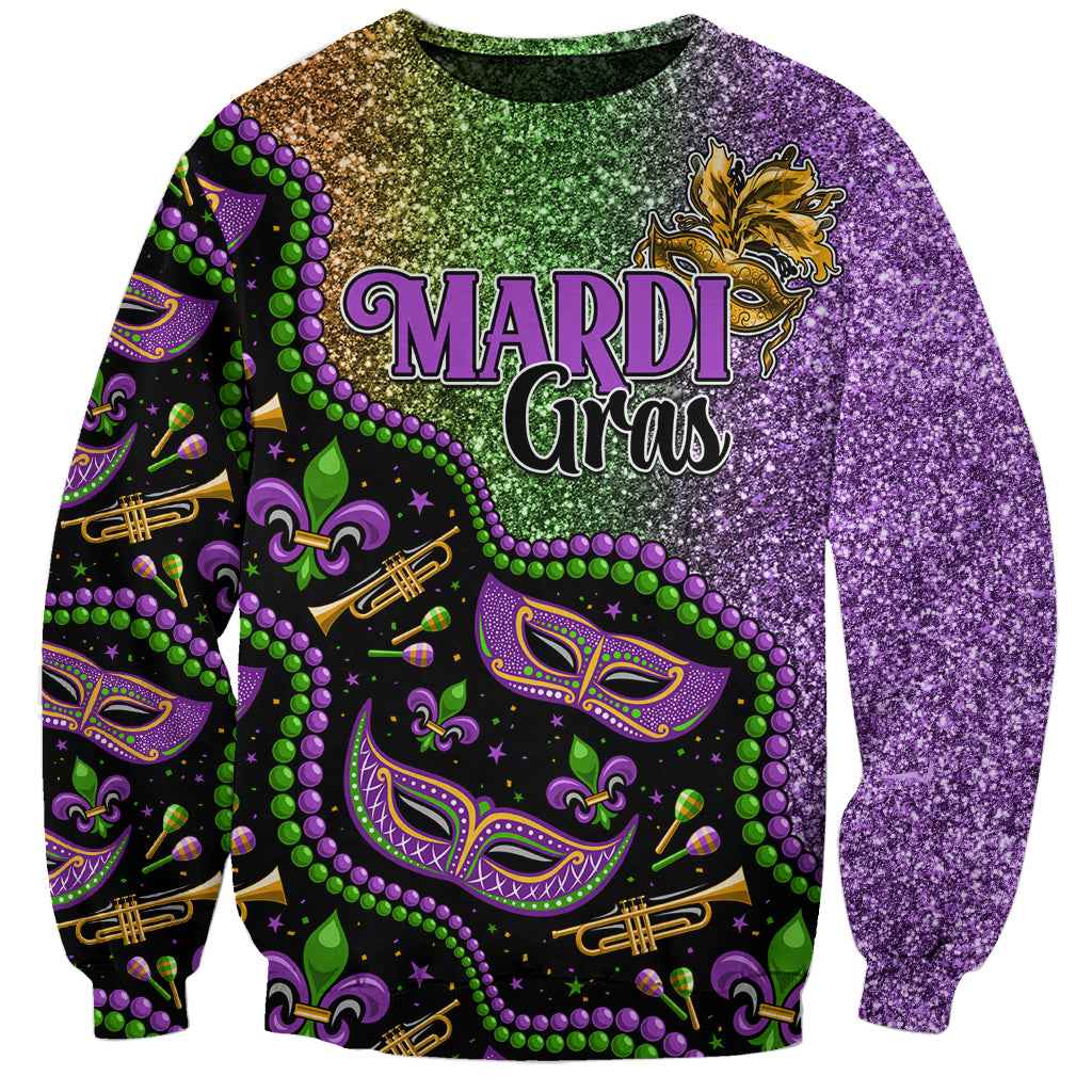 Unisex crewneck sweatshirt with glitter Mardi Gras graphics, purple and green