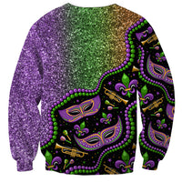 Unisex crewneck sweatshirt with glitter Mardi Gras print, masks and fleur-de-lis