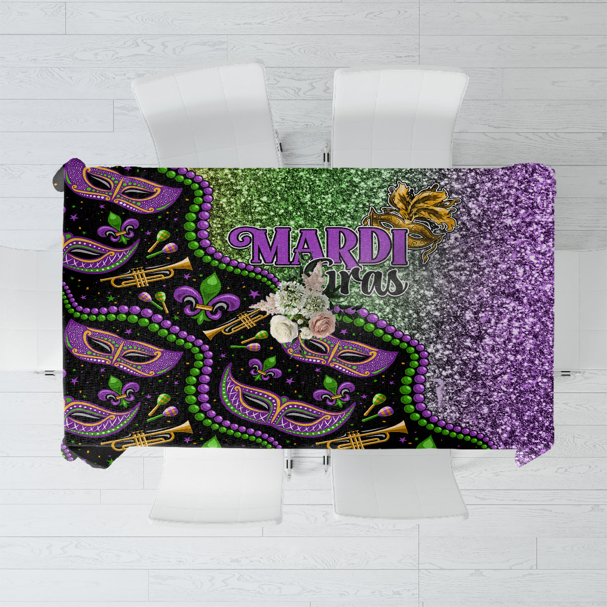Mardi Gras tablecloth with purple glitter panel, green bead fleur-de-lis, Mardi Gras text