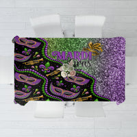 Mardi Gras tablecloth with purple glitter panel, green bead fleur-de-lis, Mardi Gras text