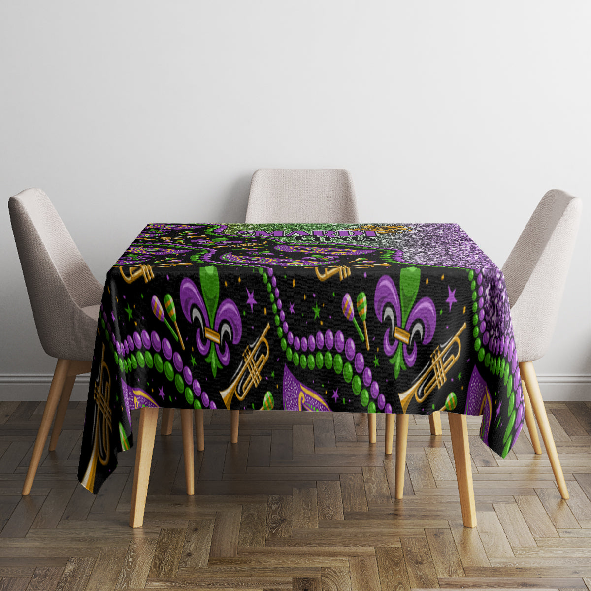 Mardi Gras tablecloth with black base, purple glitter section, and green fleur-de-lis pattern