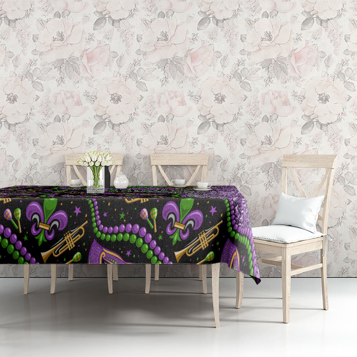 Mardi Gras tablecloth on buffet table; purple glitter right side with black and green fleur-de-lis