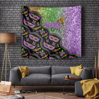 Mardi Gras tapestry with purple and green glitter, Mardi Gras lettering, and colorful mask patterns
