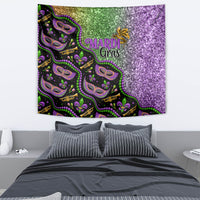 Mardi Gras tapestry showing green and purple glitter background, Mardi Gras text, and mask face motifs