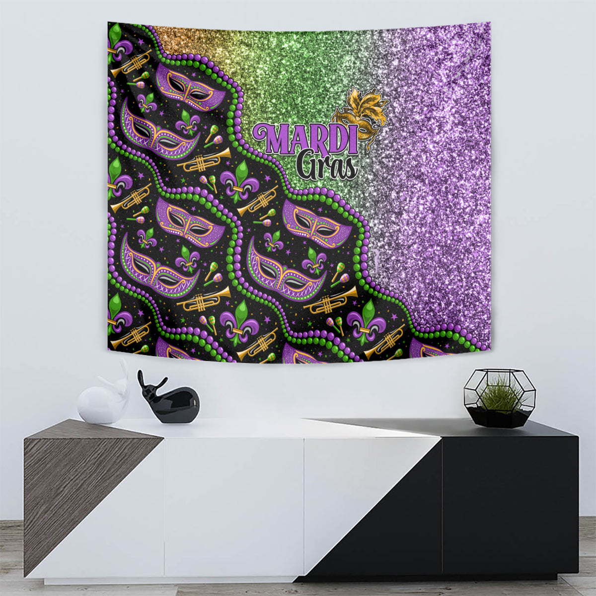 Mardi Gras tapestry with Mardi Gras lettering, glittery purple right side, and ornate mask faces