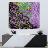 Mardi Gras tapestry with Mardi Gras lettering, glittery purple right side, and ornate mask faces