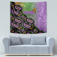 Mardi Gras tapestry featuring purple glitter background, green accents, and repeated mask-face designs