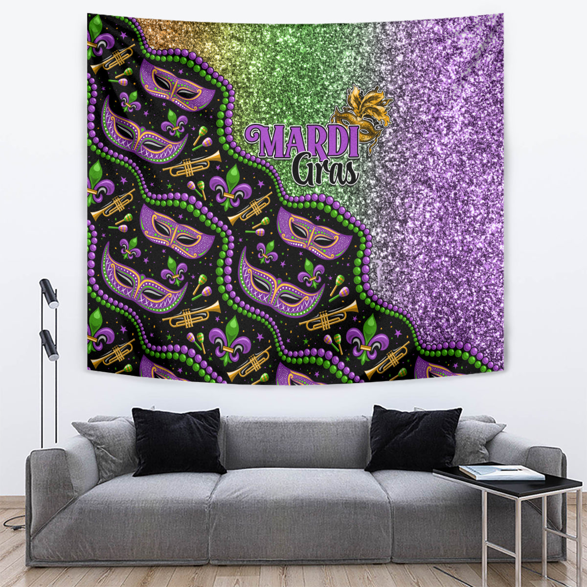 Mardi Gras tapestry with green and purple sparkle texture, Mardi Gras words, and decorative masks