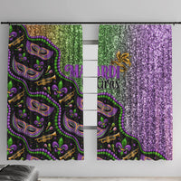 Colorful Mardi Gras window curtain set with black mask print and purple glitter panel