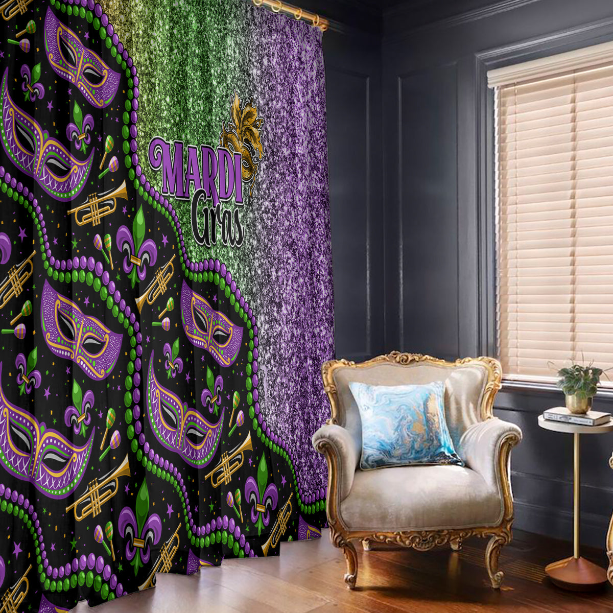Mardi Gras window curtains with black mask print and purple glitter side panel